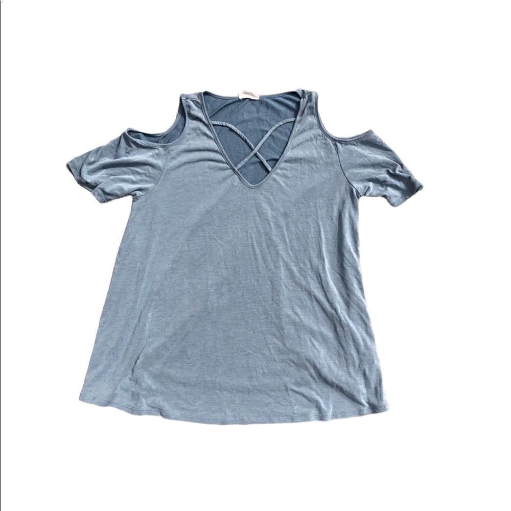 CAUTION TO THE WIND Open Shoulder Criss Cross Embellishment Blue Blouse Size M